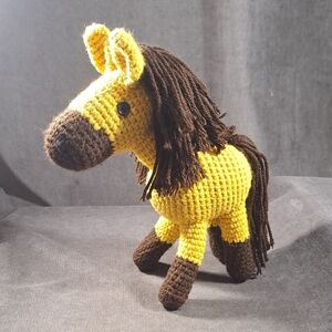 Hand Crafted Crocheted Gold Yellow & Brown Horse Stuffed Toy VG Age3+